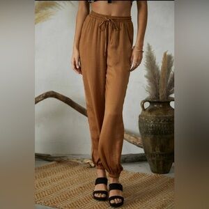 Camel color satin silk pull on drawstring waist flowy pants size S NWOT
